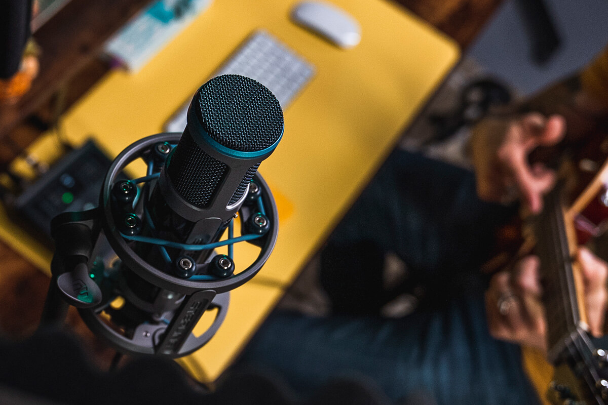 Sterling ST155 large diaphragm condenser microphone with shockmount in the studio.